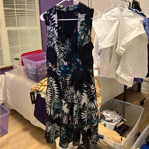 Tahari Black and Green Leaf Print Dress